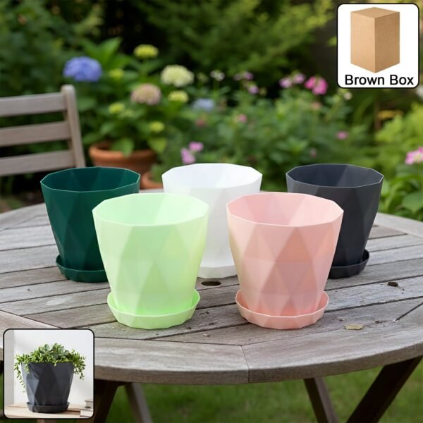 Flower-Pots-01.jpg Diamond Design Plastic Flower Pot Set with Drain Tray (5 Pc)