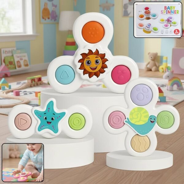 White Baby Spinner Toy Set – Sensory Suction Spin Toys (3 Pc Set)