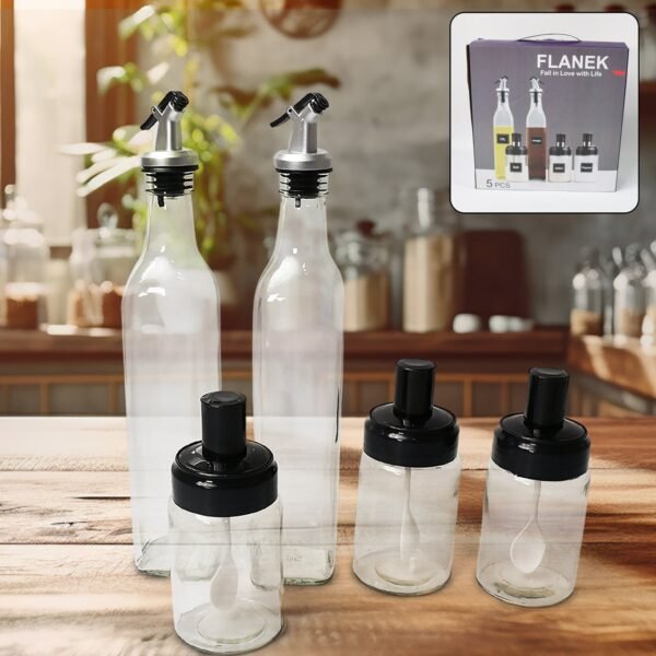 01_03b688f2-1855-40d5-8e31-6266069d1604.jpg Transparent Glass Oil Dispenser 500 ML Bottle Set of 2, Spice Jar 250 ML Set of 3, Oil Bottle for Kitchen, Oil & Vinegar Storage Glass Bottle, Glass Container for Spice, Masala (5 Pcs Set)