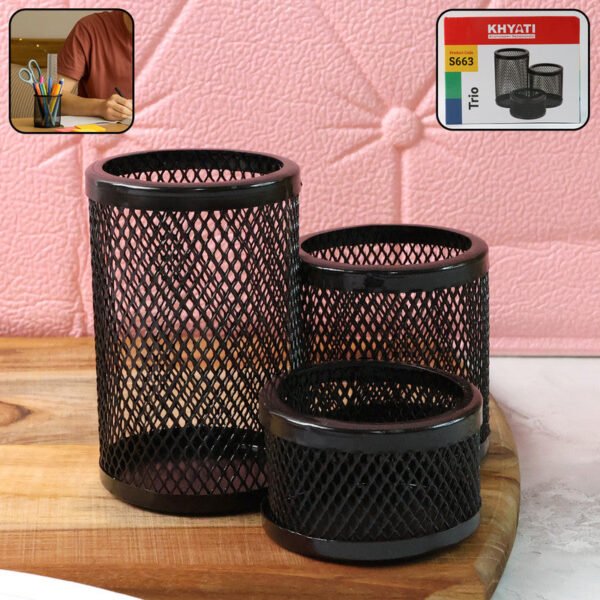 01_32936c3d-342c-4424-a80b-0243fccb623c.jpg Khyati Trio Metal Mesh Pen Stand – 3-in-1 Round Desk Organizer Set