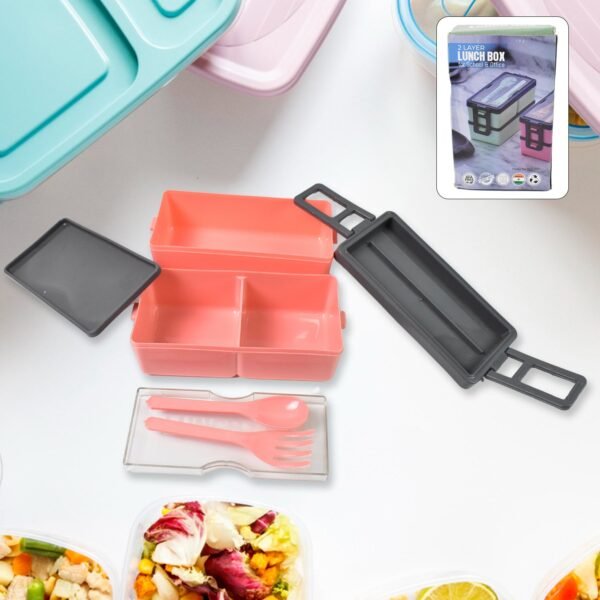Plastic 2 Layer Leak Proof 3 Compartment Lunch Box for Office  (1 Pc)