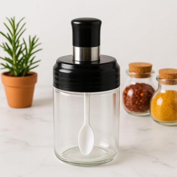 Clear Glass Spice Jar with Integrated Spoon & Airtight Lid (250ml Approx)