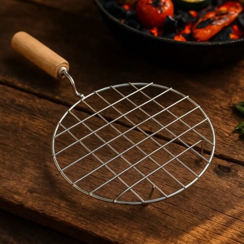 01_4b6cb315-e6b0-442c-b7c1-3a48a2eaab68.jpg Kitchen Round Stainless Steel Roaster Papad Jali, Barbecue Grill with Wooden Handle
