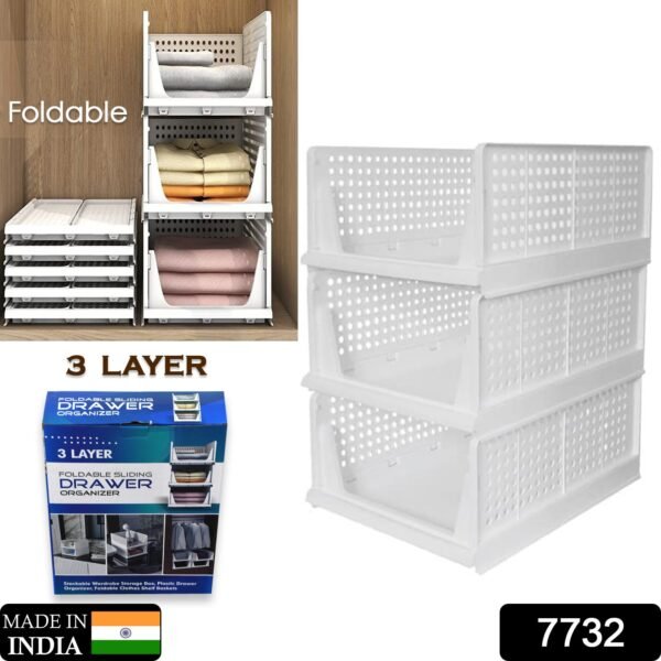 3-Layer Foldable Wardrobe Clothes Organizer Shelf Basket