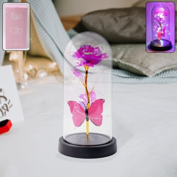 LED Decorative Rose with Butterfly in Transparent Plastic Dome (1 Pc)