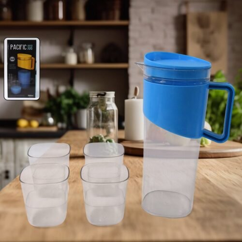 Transparent Premium Jug with Elegant Handle & 4 Plastic Glasses (2000 ML Approx)