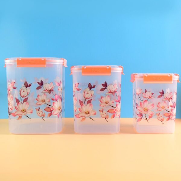 Square 3 Pcs Floral Printed Airtight Storage Container Set (3 Pcs Set)