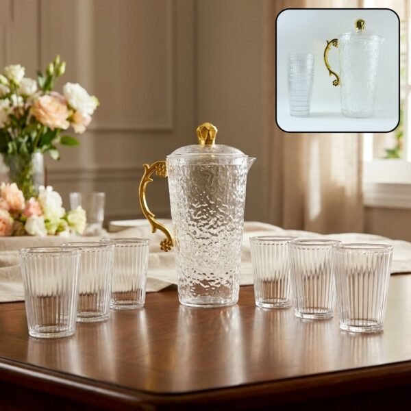 Elegant Textured Glass Water Jug with 6 glasses Set (1 Set)