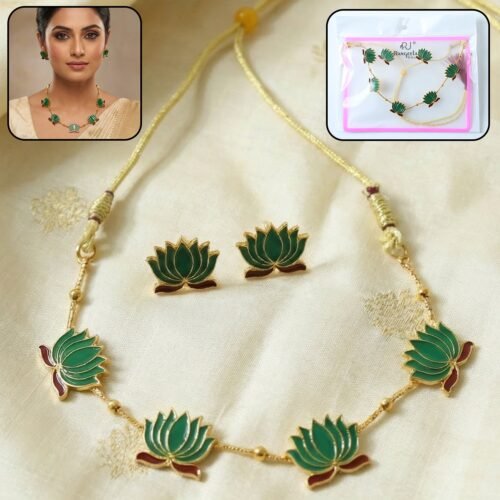 Traditional Green Lotus Design Necklace with Stud Earrings Set(1 Set)