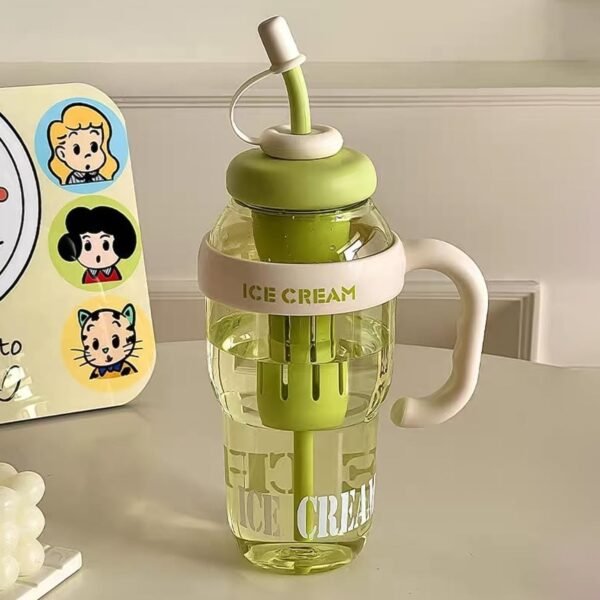 Approx 1300ML Large Capacity Cute Ice Cream Themed Water Bottle with Handle, Straw