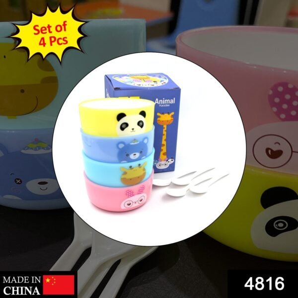 Plastic Animal Cartoon Bowl Set – 4 Pieces with Spoons for Kids (Assorted Color)