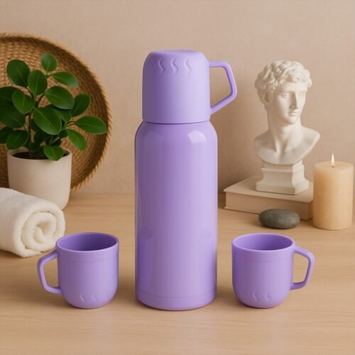 01_956ccaeb-95c3-4a17-9fde-0fbd490a2d7a.jpg Purple Vacuum Flask Set – Stainless Steel Thermos with 3 Cups, Approx 500ml
