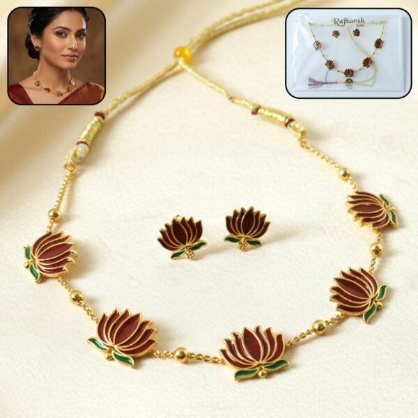 01_9bd623cc-d391-4eb9-b92d-1c1b86f2d577.jpg Traditional Lotus Design Necklace with Stud Earrings Set (1 Set)
