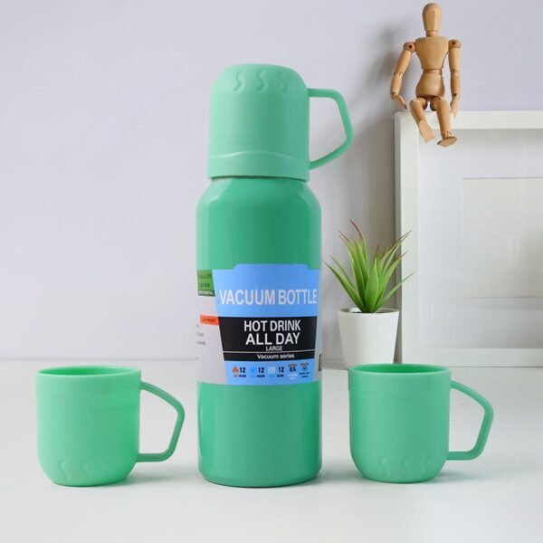 Green Vacuum Flask Set – Stainless Steel Thermos with 3 Cups, Approx 500ml