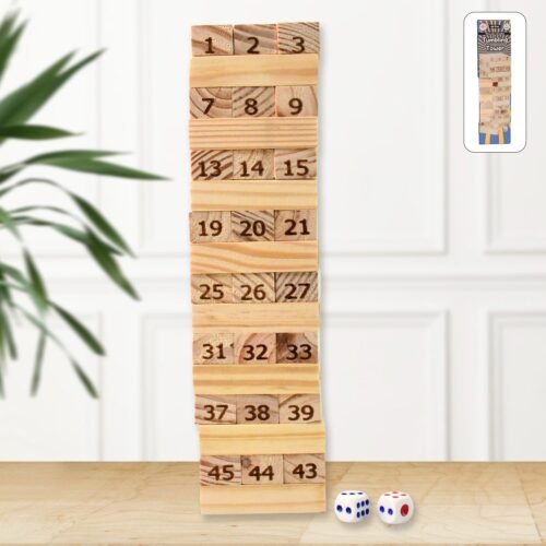 01_a5dd015c-c3a7-4080-a117-f3ece27a006d.jpg Wooden Tumbling Stacking Tower Game, Zenga tower (48 Pcs Blocks 2 Dices)