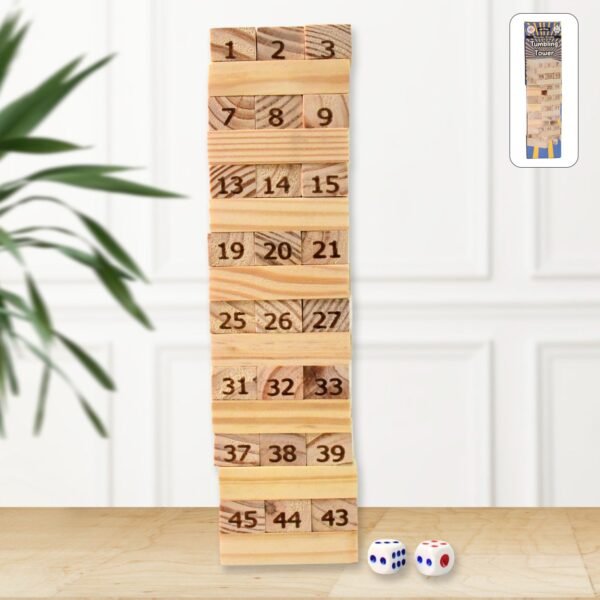 01_a5dd015c-c3a7-4080-a117-f3ece27a006d.jpg Wooden Tumbling Stacking Tower Game, Zenga tower (48 Pcs Blocks 2 Dices)