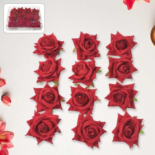 Flower Rose Hair Pin/Clip – Velvet Flower Design (12 Pcs Set, Red Color)
