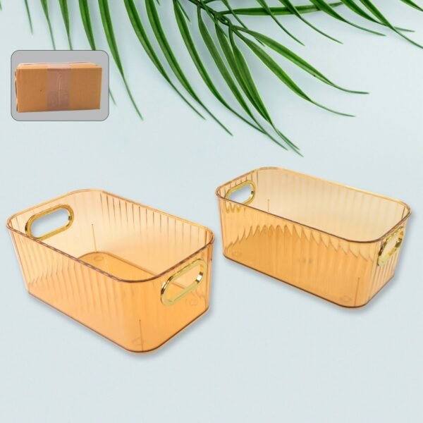 Premium Ribbed Transparent Storage Basket with Gold Handle 25×14 cm 2 Pc