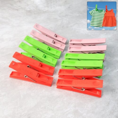 Cloth Clips Set of 12 – Strong Grip Plastic Laundry Pegs with Stainless Steel
