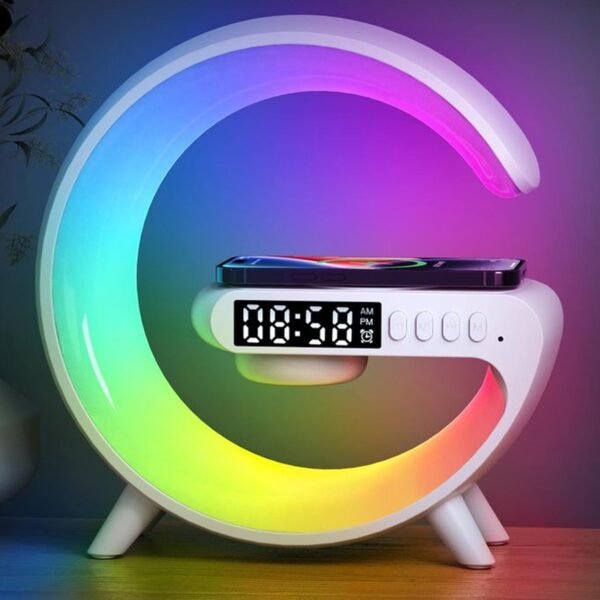 01_cb1f0190-d56a-4dcd-8ff5-8a35d207d250.jpg Smart Alarm Clock with G-Shape RGB Light Bluetooth Speaker, Wireless Charging (1 Pc)