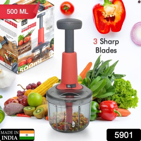 Matte Finish Hand Press Chopper with 3 Blades for Easy Vegetable & Fruit Chopping