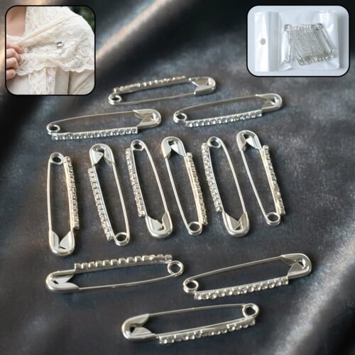 Decorative Silver Finish Safety Pin Brooch Set (12 Pc Set)