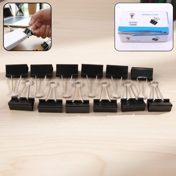 Black Metal Binder Clips (15 MM, 12 Pieces Set)