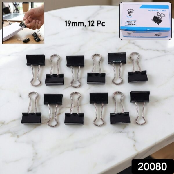 Black Metal Binder Clips (19 MM, 12 Pieces Set)