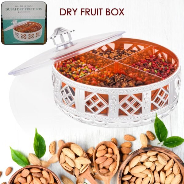01_d32fb371-4be0-4844-9fd1-32c280691442.jpg Multipurpose Dry Fruit Box 4 Section Dry Fruit Round Silver Gift Box (1 Pc)