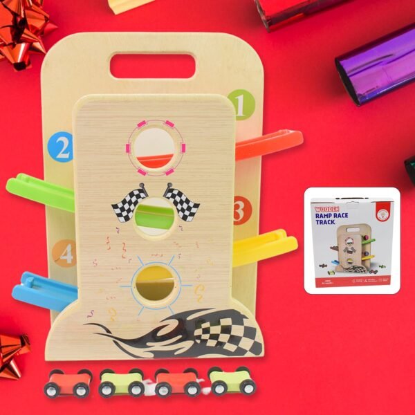 01_ddbff7d3-b964-497c-bd40-1ea5933a7edb.jpg Wooden Ramp Racer Race Track Vehicle Play sets With 4 Mini Racers (with Handle)