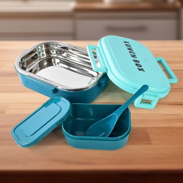 3 in 1 Spicy Bite Stainless Steel Lunch Box With Plastic Small Box & Spoon (1 Set)