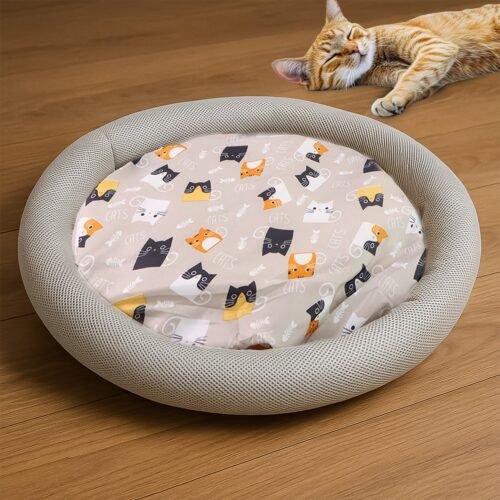 01_f57176e1-a7c0-42b0-a2b7-79744d068303.jpg Round Soft Plush Cat Bed with Cartoon Cat Print Cushion 1 Pc