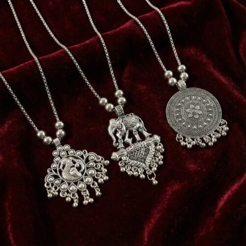 01_necklace_11d985f9-b85d-4713-8418-fd7309b0ce25.jpg Oxidised Silver Finish Traditional Pendant Necklace – Mix Design (1 Pc)