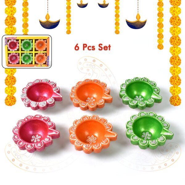 Decorative Hand Painted Clay Puja Diya (6 Pcs Set/ Mix Design)