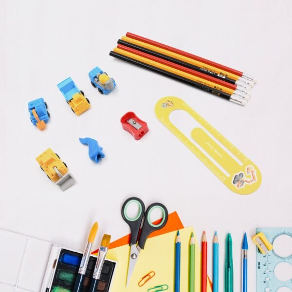 02_0ea14ec0-6249-456f-9a3a-ac11f744619f.jpg Pencil and Eraser Set, Construction Truck Theme Stationery Kit Includes 6 Pencils, 4 Erasers, 1 Sharpener, 1 Ruler Bookmark, 1 Pencil Cap Stationary For Birthday Gifts for Kids, Birthday Return Gifts (13 Pc set)