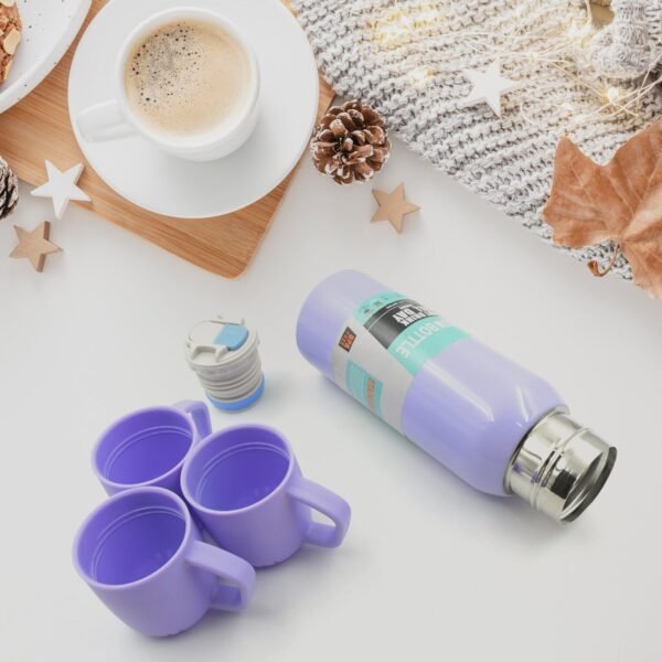 Vacuum Flask Set – Stainless Steel Thermos with 3 Cups, Approx 500ml