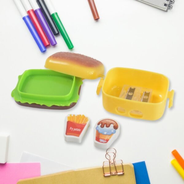 Plastic Burger Shape Small Size Double Hole Sharpener With Eraser (1 Set)