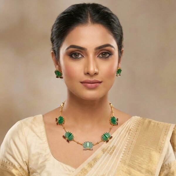Traditional Green Lotus Design Necklace with Stud Earrings Set(1 Set)