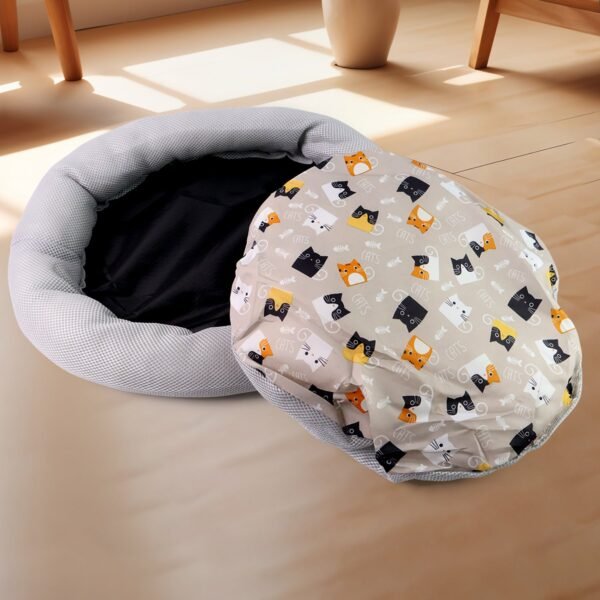 02_4eae663e-a707-4529-871d-b5b79581ddfe.jpg Round Soft Plush Cat Bed with Cartoon Cat Print Cushion 1 Pc