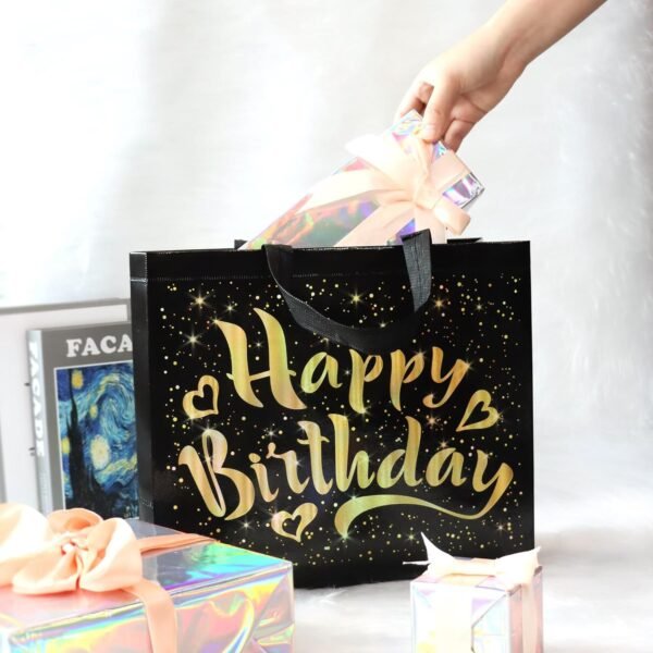 Birthday Gift Bag with Gold Shiny Stars, Reusable Party Gift Bags (1 Pc)