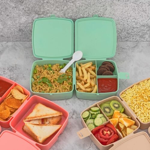 Double-Layer Square Lunch Box with Spoon , 4 Compartment Tiffin & Push Lock