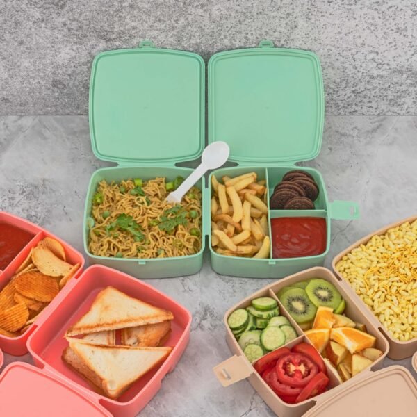 Double-Layer Square Lunch Box with Spoon , 4 Compartment Tiffin & Push Lock