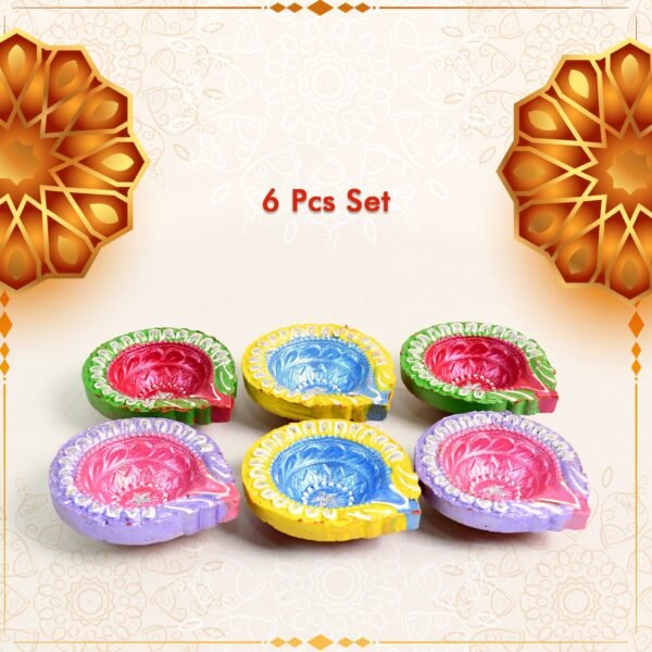 Decorative Hand Painted Clay Puja Diya (6 Pcs Set/ Mix Design)