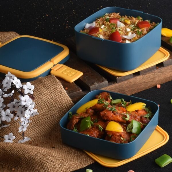 Blue Double-Layer Portable Bento Lunch Box – Stackable with Handle & Spoon