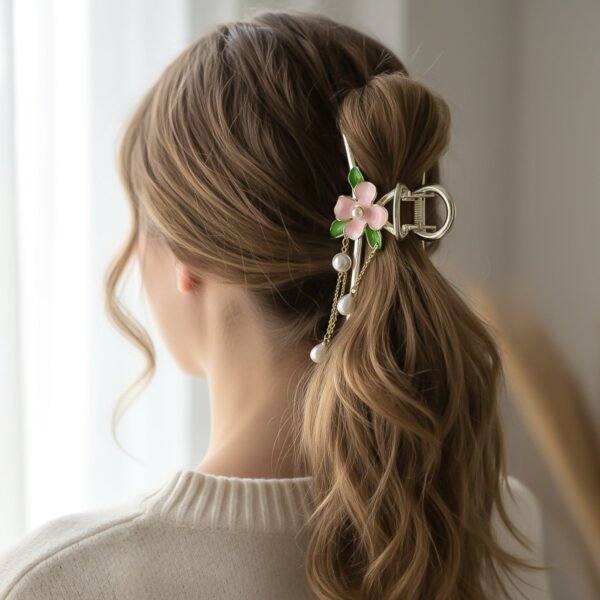 Elegant Floral Pearl Chain Hair Claw Clip (1 Pc)