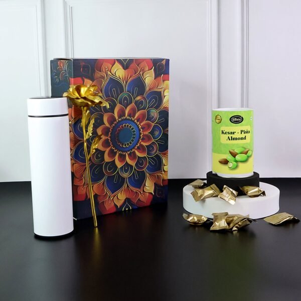 Effete Kesar Pista Almonds Gift Hamper, Golden Rose With Bottle (3 Pc Set)