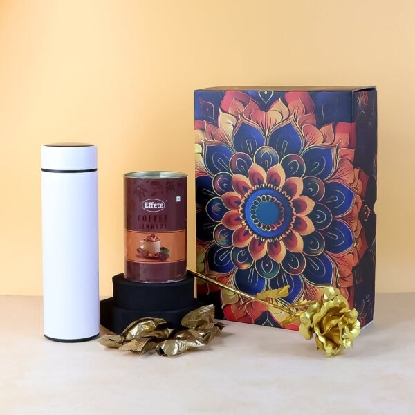 Effete Coffee Almonds Gift Hamper, Golden Rose With Bottle (3 Pc Set), Mix Color