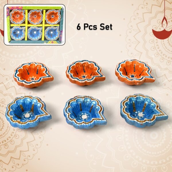 Decorative Hand Painted Clay Puja Diya (6 Pcs Set/ Mix Design)