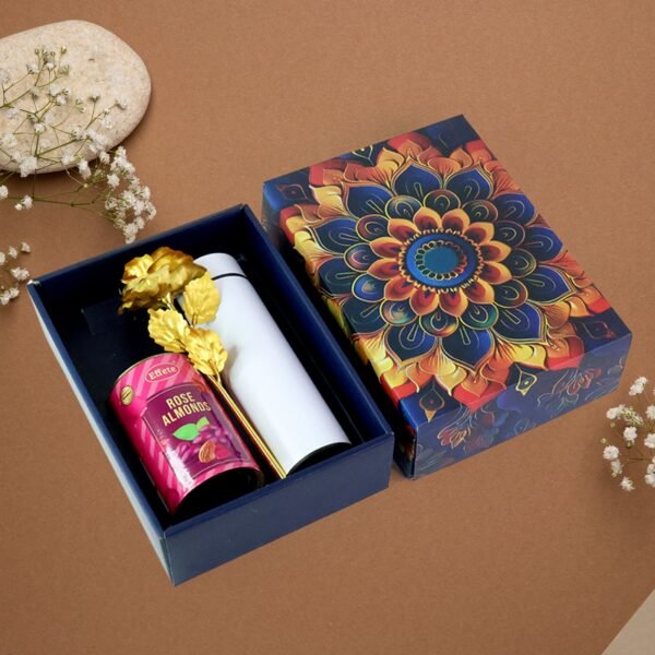 Effete Rose Almonds Gift Hamper, Golden Rose With Bottle (3 Pc Set), Mix Color