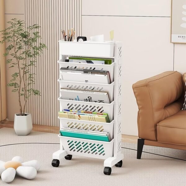 Movable Bookshelf, Large Capacity Rotatable Plastic Rolling Organization Shelf / Rack